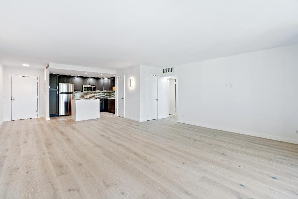 Bright interior with freshly painted white walls and new flooring